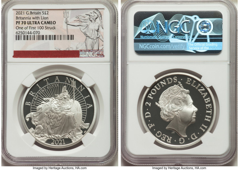 Elizabeth II silver Proof "Britannia with Lion" 2 Pounds 2021 PR70 Ultra Cameo N...