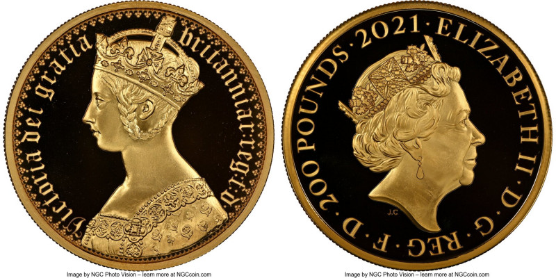 Elizabeth II gold Proof "Gothic Crown Portrait" 200 Pounds (2 oz) 2021 PR69 Ultr...