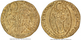 Venice. Marco Corner gold Ducat ND (1365-1368) MS64 NGC, Fr-1226. 3.51gm. MARC' CORNARIO | • S | • M | • V | E | N | E | T | I Duke kneeling before St...