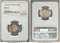 Vittorio Emanuele II Lira 1867 M-BN MS65 NGC, Milan mint, KM5a.1. Revealing delicate luster beneath a lavender and rose sheen. 

HID09801242017

© 202...