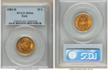 Umberto I gold 20 Lire 1882-R MS66 PCGS, Rome mint, KM21. Fully struck on a shimmering golden flan. 

HID09801242017

© 2022 Heritage Auctions | All R...