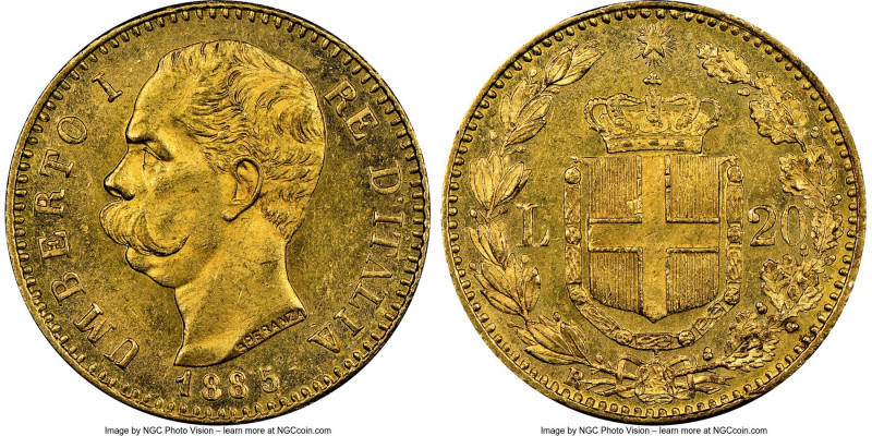 Umberto I gold 20 Lire 1885-R MS64+ NGC, Rome mint, KM21. Resounding golden flas...