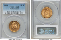 Willem III gold 10 Gulden 1888 MS65 PCGS, Utrecht mint, KM106. One of the keys in series, decorated in a fully aurous hue with deeply patinated luster...