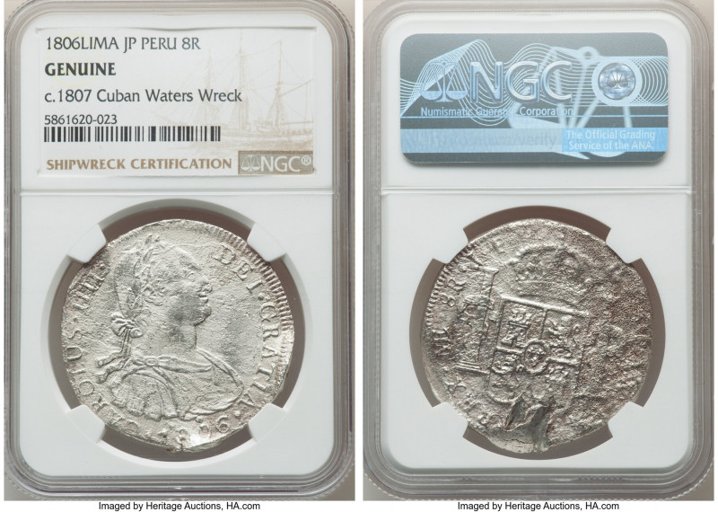 Charles IV "Cuban Waters" Shipwreck 8 Reales 1806 LM-JP Genuine NGC, Lima mint, ...