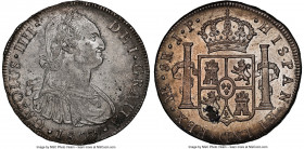 Charles IV 8 Reales 1807 LM-JP AU58 NGC, Lima mint, KM97. A crisp piece, showcasing a light golden tone and cartwheel luster across the peripheries. F...