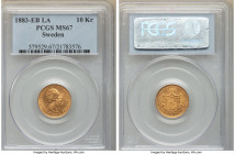 Oscar II gold 10 Kronor 1883-EB MS67 PCGS, Stockholm mint, KM743. Semi-reflective satin surfaces. 

HID09801242017

© 2022 Heritage Auctions | All Rig...