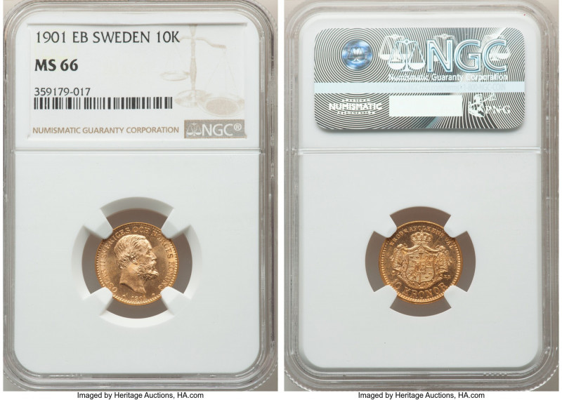 Oscar II gold 10 Kronor 1901-EB MS66 NGC, Stockholm mint, KM767. Fielding glowin...