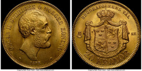Oscar II gold 20 Kronor 1873-ST MS65 NGC, Stockholm mint, KM733. An original gem displaying flashy brilliance under light tone. 

HID09801242017

© 20...
