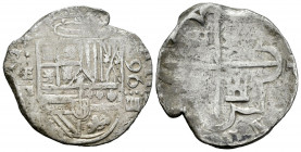 Philip II (1556-1598). 4 reales. 1596. Segovia. FE enlazadas (Juan de Arfe Villafañe). (Cal-542). Ag. 11,96 g. Unique year of this assayer. FE interla...