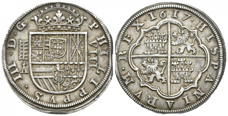 Philip III (1598-1621). 8 reales. 1617. Segovia. A. (Cal-948). Ag. 26,85 g. Aque...