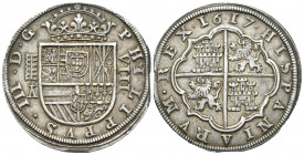 Philip III (1598-1621). 8 reales. 1617. Segovia. A. (Cal-948). Ag. 26,85 g. Aqueduct with two rows of five arches. Five fleurs de lis in the Old Burgu...