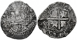 Philip IV (1621-1665). 8 reales. 1651. Potosí. o-o. (Cal-1489). (Km-19b). Ag. 24,71 g. Crowned-T countermark within border of dots (rare) on cross. La...