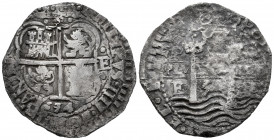 Philip IV (1621-1665). 8 reales. 1654. Potosí. E. (Cal-1506). Ag. 23,72 g. Double date, one of them partially visible. Corrosion from salt water immer...
