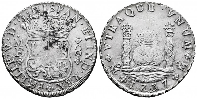 Philip V (1700-1746). 8 reales. 1737. Mexico. MF. (Cal-1446). Ag. 26,39 g. Corro...