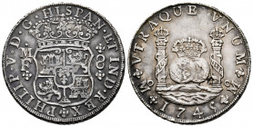 Philip V (1700-1746). 8 reales. 1745. Mexico. MF. (Cal-1468). Ag. 26,61 g. Hairline on obverse. Patina. Almost XF. Est...600,00. 

Spanish Descripti...