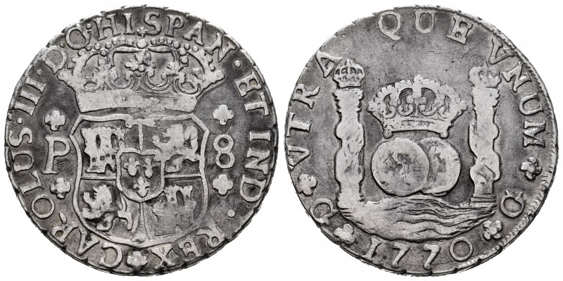 Charles III (1759-1788). 8 reales. 1770. Guatemala. P. (Cal-1002). Ag. 26,26 g. ...