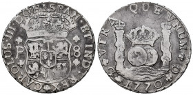 Charles III (1759-1788). 8 reales. 1770. Guatemala. P. (Cal-1002). Ag. 26,26 g. Rare. Almost VF. Est...600,00. 

Spanish Description: Carlos III (17...