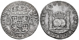 Charles III (1759-1788). 8 reales. 1770. Lima. JM. (Cal-1031). Ag. 26,86 g. Pellet above the two LMA. Adjustment lines on reverse. Scarce. Choice VF. ...