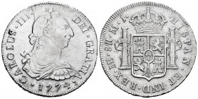 Charles III (1759-1788). 8 reales. 1774. Lima. MJ. (Cal-1040). Ag. 26,65 g. Traces of welding at 12 o´clock. Cleaned. VF/Choice VF. Est...100,00. 

...