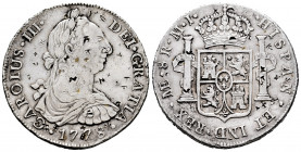 Charles III (1759-1788). 8 reales. 1778. Lima. MJ. (Cal-1044). Ag. 26,73 g. Chop marks. VF/Choice VF. Est...150,00. 

Spanish Description: Carlos II...