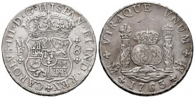 Charles III (1759-1788). 8 reales. 1763. Mexico. FM. (Cal-1086). Ag. 26,60 g. VF. Est...220,00. 

Spanish Description: Carlos III (1759-1788). 8 rea...