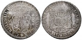 Charles III (1759-1788). 8 reales. 1770. Mexico. FM. (Cal-1101). Ag. 26,85 g. Hairlines on obverse. Attractive. Choice VF. Est...350,00. 

Spanish D...