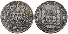 Charles III (1759-1788). 8 reales. 1770. Potosí. JR. (Cal-1168). Ag. 26,23 g. Scarce. Almost VF. Est...500,00. 

Spanish Description: Carlos III (17...