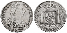 Charles III (1759-1788). 8 reales. 1774. Potosí. JR. (Cal-1170). Ag. 26,73 g. Hairline on reverse. Almost VF/VF. Est...200,00. 

Spanish Description...