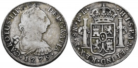 Charles III (1759-1788). 8 reales. 1779. Potosí. PR. (Cal-1176). Ag. 26,74 g. Choice F. Est...80,00. 

Spanish Description: Carlos III (1759-1788). ...