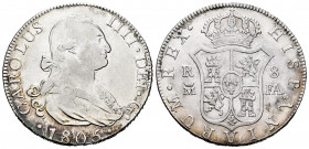 Charles IV (1788-1808). 8 reales. 1805. Madrid. FA. (Cal-943). Ag. 26,45 g. Cleaned. Scarce. Almost VF/VF. Est...250,00. 

Spanish Description: Carl...