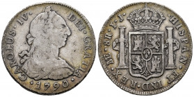 Charles IV (1788-1808). 8 reales. 1790. Lima. IJ. (Cal-904). Ag. 26,67 g. Bust of Charles III and Ordinal IV. Toned. Choice F/Almost VF. Est...100,00....