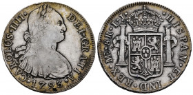Charles IV (1788-1808). 8 reales. 1793. Lima. IJ. (Cal-909). Ag. 26,87 g. Small chop marks. Choice F/Almost VF. Est...70,00. 

Spanish Description: ...