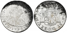 Charles IV (1788-1808). 8 reales. 1794. Lima. IJ. (Cal-910). Ag. 27,16 g. Heavy rusts. Choice VF. Est...60,00. 

Spanish Description: Carlos IV (178...