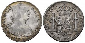 Charles IV (1788-1808). 8 reales. 1799. Lima. IJ. (Cal-917). Ag. 26,49 g. Toned. F/Choice F. Est...70,00. 

Spanish Description: Carlos IV (1788-180...