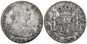 Charles IV (1788-1808). 8 reales. 1799. Lima. IJ. (Cal-917). Ag. 27,01 g. F/Choice F. Est...50,00. 

Spanish Description: Carlos IV (1788-1808). 8 r...