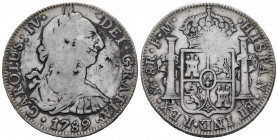Charles IV (1788-1808). 8 reales. 1789. Mexico. FM. (Cal-950). Ag. 26,59 g. Bust of Charles III and Ordinal IV. Chop marks. F/Choice F. Est...70,00. ...