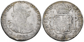 Charles IV (1788-1808). 8 reales. 1791. Mexico. FM. (Cal-953). Ag. 26,59 g. F/Choice F. Est...40,00. 

Spanish Description: Carlos IV (1788-1808). 8...