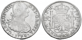 Charles IV (1788-1808). 8 reales. 1794. Mexico. FM. (Cal-956). Ag. 26,81 g. Cleaned. VF. Est...90,00. 

Spanish Description: Carlos IV (1788-1808). ...