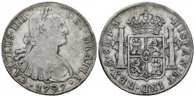 Charles IV (1788-1808). 8 reales. 1797. Mexico. FM. (Cal-960). Ag. 26,68 g. Choice F/Almost VF. Est...60,00. 

Spanish Description: Carlos IV (1788-...