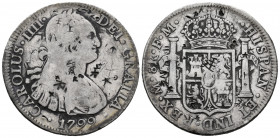 Charles IV (1788-1808). 8 reales. 1799. Mexico. FM. (Cal-962). Ag. 26,66 g. Chop marks. F. Est...60,00. 

Spanish Description: Carlos IV (1788-1808)...