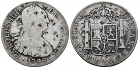 Charles IV (1788-1808). 8 reales. 1799. Mexico. FM. (Cal-962). Ag. 26,55 g. Chop marks. F. Est...50,00. 

Spanish Description: Carlos IV (1788-1808)...
