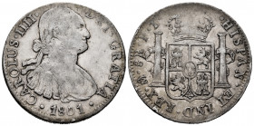 Charles IV (1788-1808). 8 reales. 1801. Mexico. FT. (Cal-972). Ag. 26,84 g. Nicks on edge. Choice F. Est...50,00. 

Spanish Description: Carlos IV (...