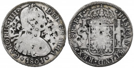 Charles IV (1788-1808). 8 reales. 1801. Mexico. FT. (Cal-972). Ag. 26,55 g. Chop marks. F. Est...50,00. 

Spanish Description: Carlos IV (1788-1808)...