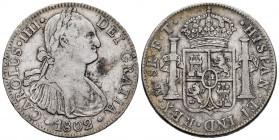 Charles IV (1788-1808). 8 reales. 1802. Mexico. FT. (Cal-975). Ag. 26,70 g. Choice F/Almost VF. Est...70,00. 

Spanish Description: Carlos IV (1788-...