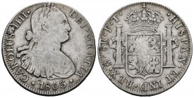 Charles IV (1788-1808). 8 reales. 1803. Mexico. FT. (Cal-977). Ag. 26,67 g. F/Choice F. Est...50,00. 

Spanish Description: Carlos IV (1788-1808). 8...