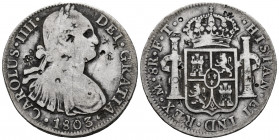 Charles IV (1788-1808). 8 reales. 1803. Mexico. FT. (Cal-977). Ag. 26,60 g. Chop marks. F. Est...60,00. 

Spanish Description: Carlos IV (1788-1808)...