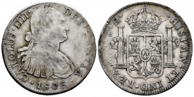 Charles IV (1788-1808). 8 reales. 1806. Mexico. TH. (Cal-984). Ag. 26,86 g. Choice F/Almost VF. Est...60,00. 

Spanish Description: Carlos IV (1788-...