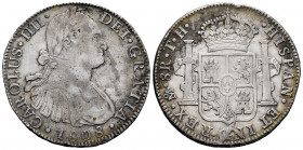 Charles IV (1788-1808). 8 reales. 1808. Mexico. TH. (Cal-988). Ag. 26,82 g. Minor nick on edge. Scratch on obverse. Toned. Almost VF/VF. Est...70,00. ...