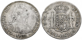 Charles IV (1788-1808). 8 reales. 1792. Potosí. PR. (Cal-992). Ag. 26,91 g. Minor nick on edge. Choice F/Almost VF. Est...100,00. 

Spanish Descript...