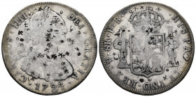 Charles IV (1788-1808). 8 reales. 1794. Potosí. PR. (Cal-994). Ag. 26,74 g. Chop marks. F. Est...50,00. 

Spanish Description: Carlos IV (1788-1808)...